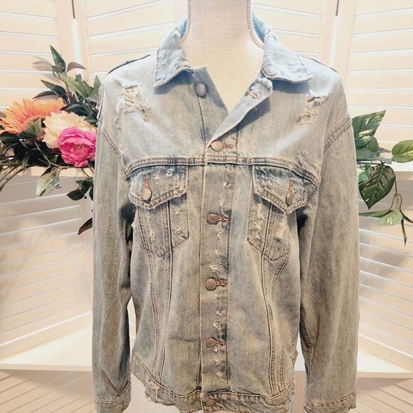 ZARA WOMEN DISTRESSED LIGHT WASH JEAN JACKET WITH SHOE LACE BACK SIZE SMALL - Picture 1 of 8